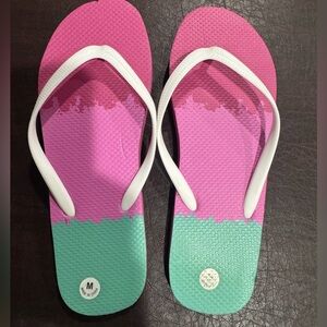 NWOT Pink and Green Flip Flops with White Straps. Size Medium. Never worn